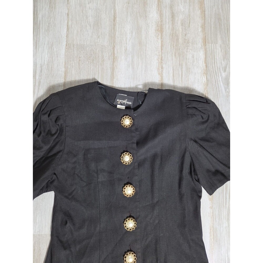 VTG Positive Attitude Black Linen Blend Sheath Dress Button Puff Sleeve 9/10 EUC - Picture 2 of 10